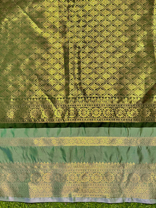 Banarasee Handloom Semi Silk Saree With Buti Design & Contrast Zari Border-Green
