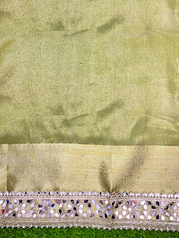 Banarasee Handwoven Tissue Saree With Floral Zari Border & Mirror Work Lace–Light Yellow