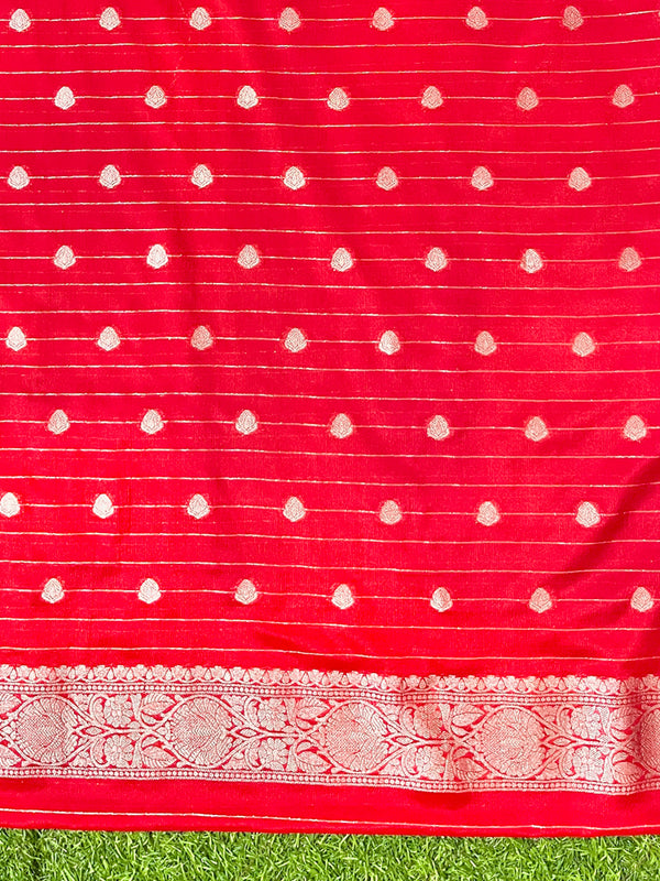 Banarasee Handwoven Chiffon Saree With Polka Dots Design & Border-Red