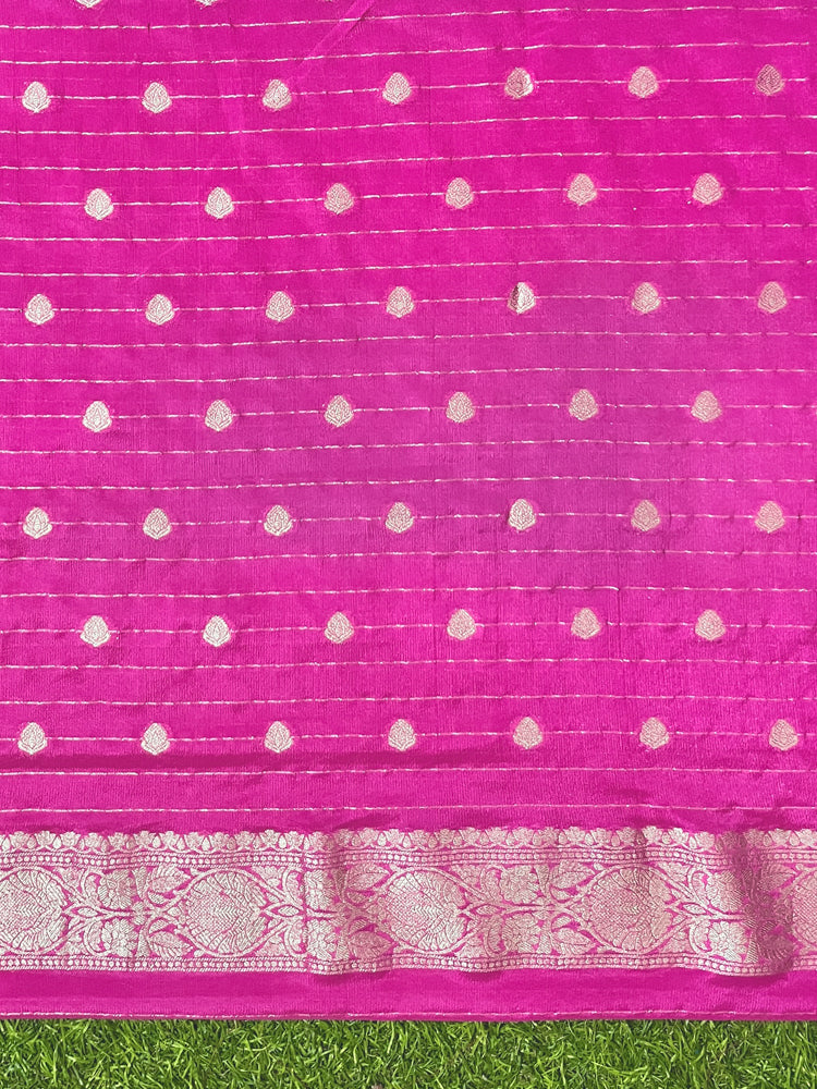 Banarasee Handwoven Chiffon Saree With Polka Dots Design & Border-Pink