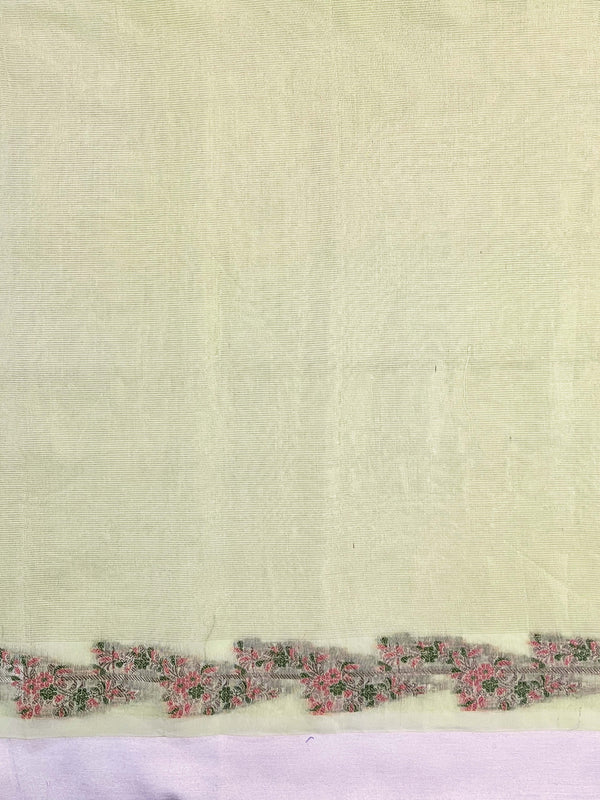 Banarasee Handloom Soft Tissue Shine Saree With Resham Floral Border-Light Yellow