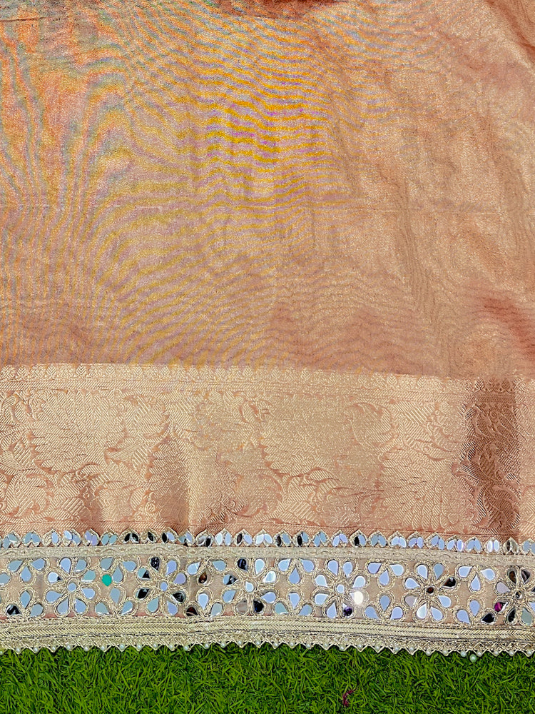 Banarasee Handwoven Tissue Saree With Floral Zari Border & Mirror Work Lace–Peach