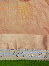 Banarasee Handwoven Tissue Saree With Floral Zari Border & Mirror Work Lace–Peach