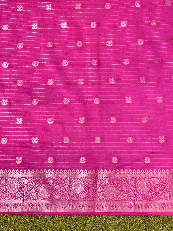Banarasee Handwoven Chiffon Saree With Zari Buta Work & Contrast Border-Powder Blue