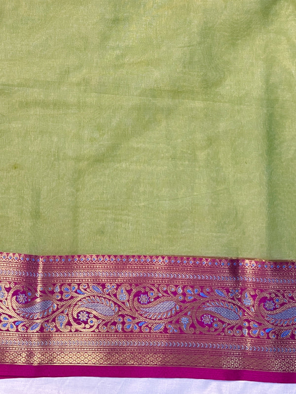 Banarasee Dual Tone Organza Mix Saree With Resham Zari Work & Contrast Border-Green & Pink