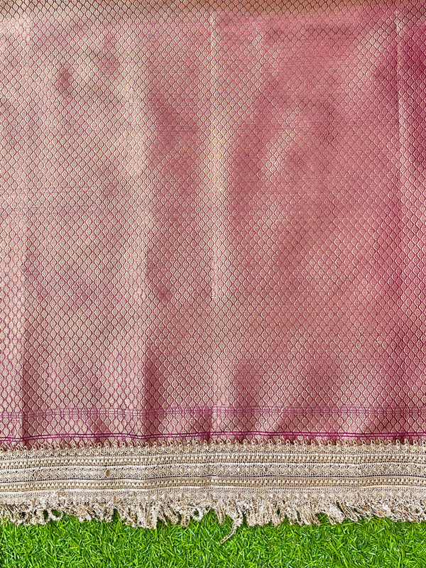 Banarasee Tissue Saree With Hand Embroidered Mirror Work & Zari Woven Design-Magenta