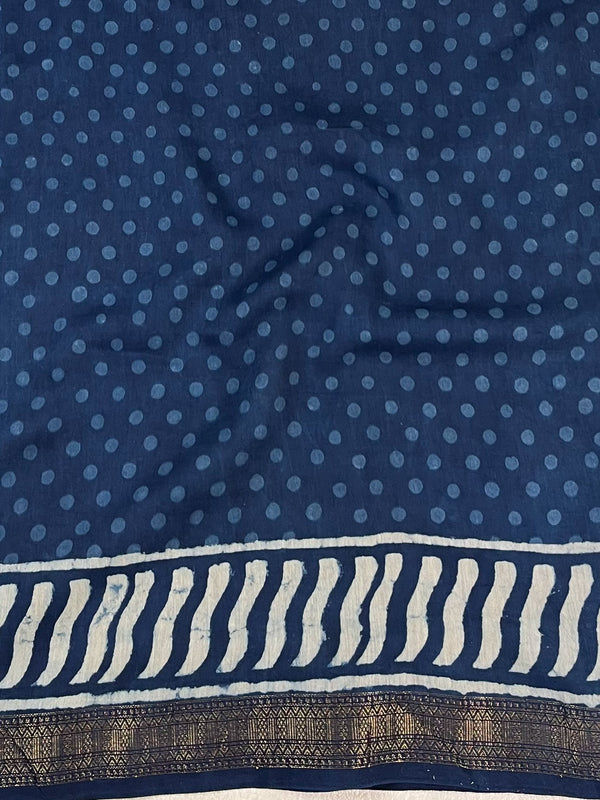 Handloom Maheshwari Silk Bagru Block Printed Saree-Blue