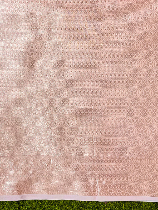 Banarasee Handloom Cotton Silk Plain Saree With Floral Zari Border-Light Pink