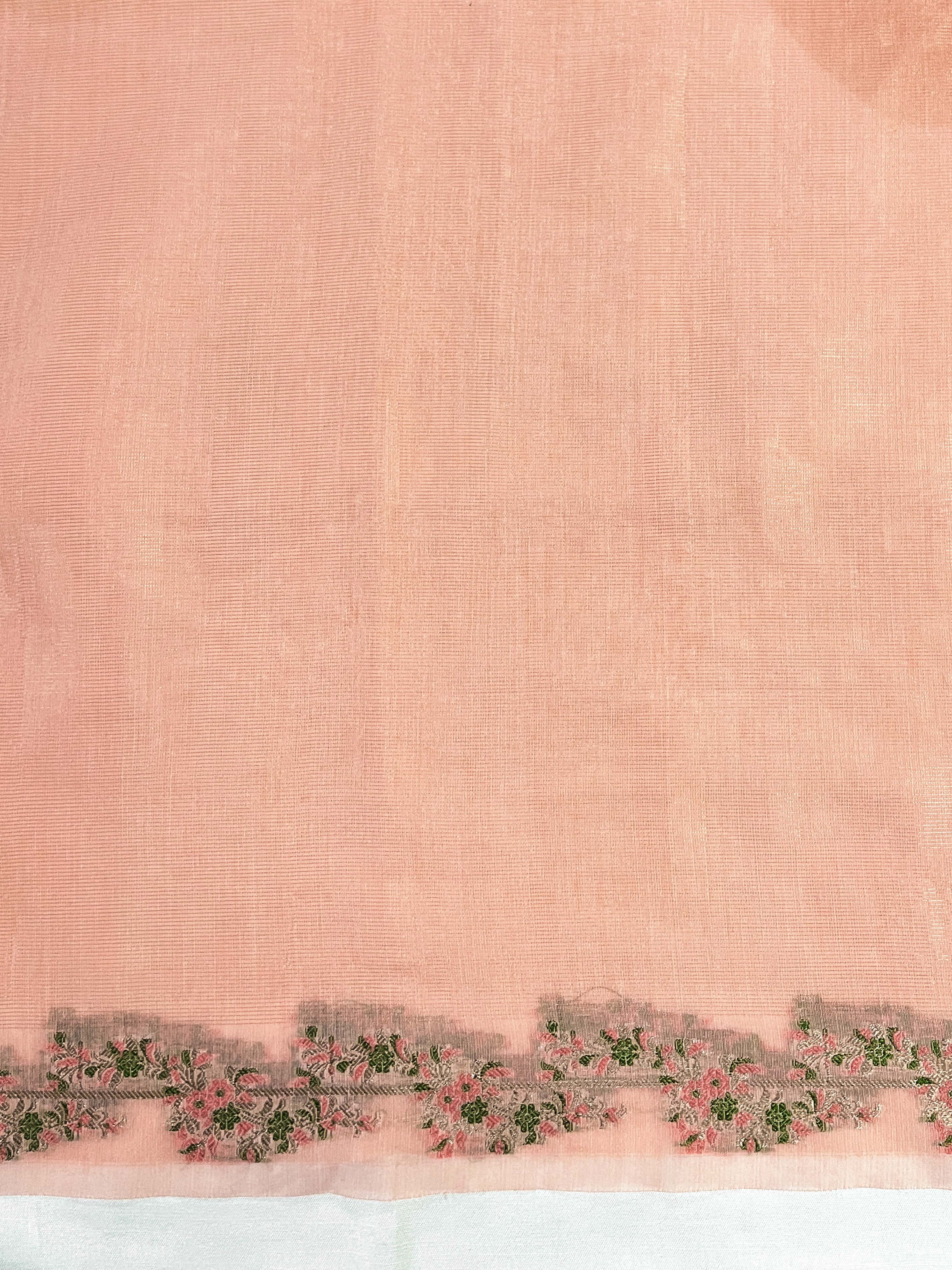 Banarasee Handloom Soft Tissue Shine Saree With Resham Floral Border-Peach