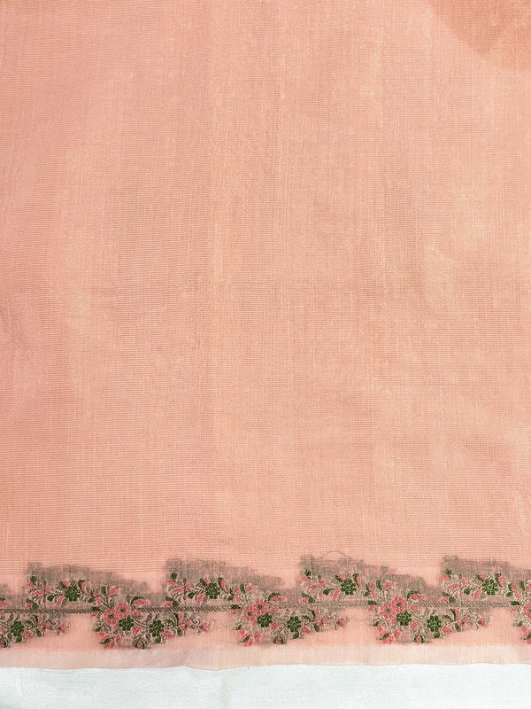 Banarasee Handloom Soft Tissue Shine Saree With Resham Floral Border-Peach