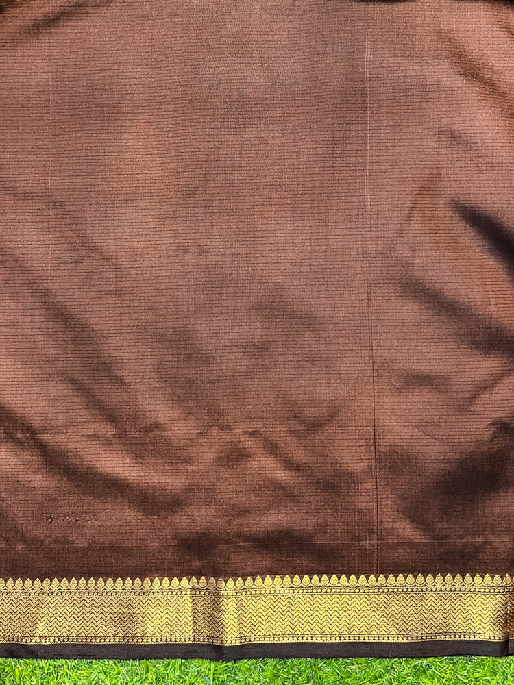 Banarasee Handloom Cotton Silk Plain Saree With Contrast Pallu & Border-Black & Brown