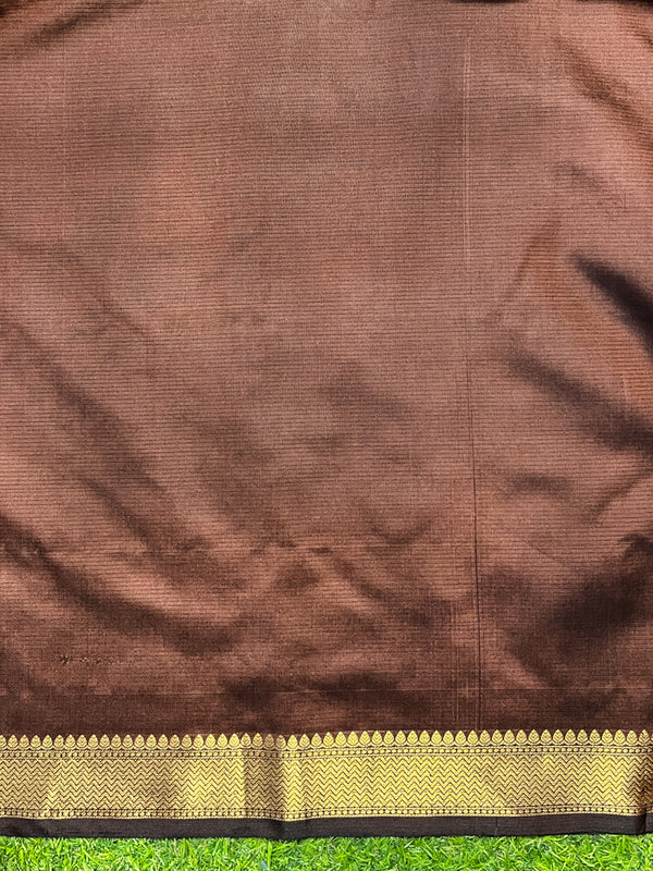 Banarasee Handloom Cotton Silk Plain Saree With Contrast Pallu & Border-Black & Brown