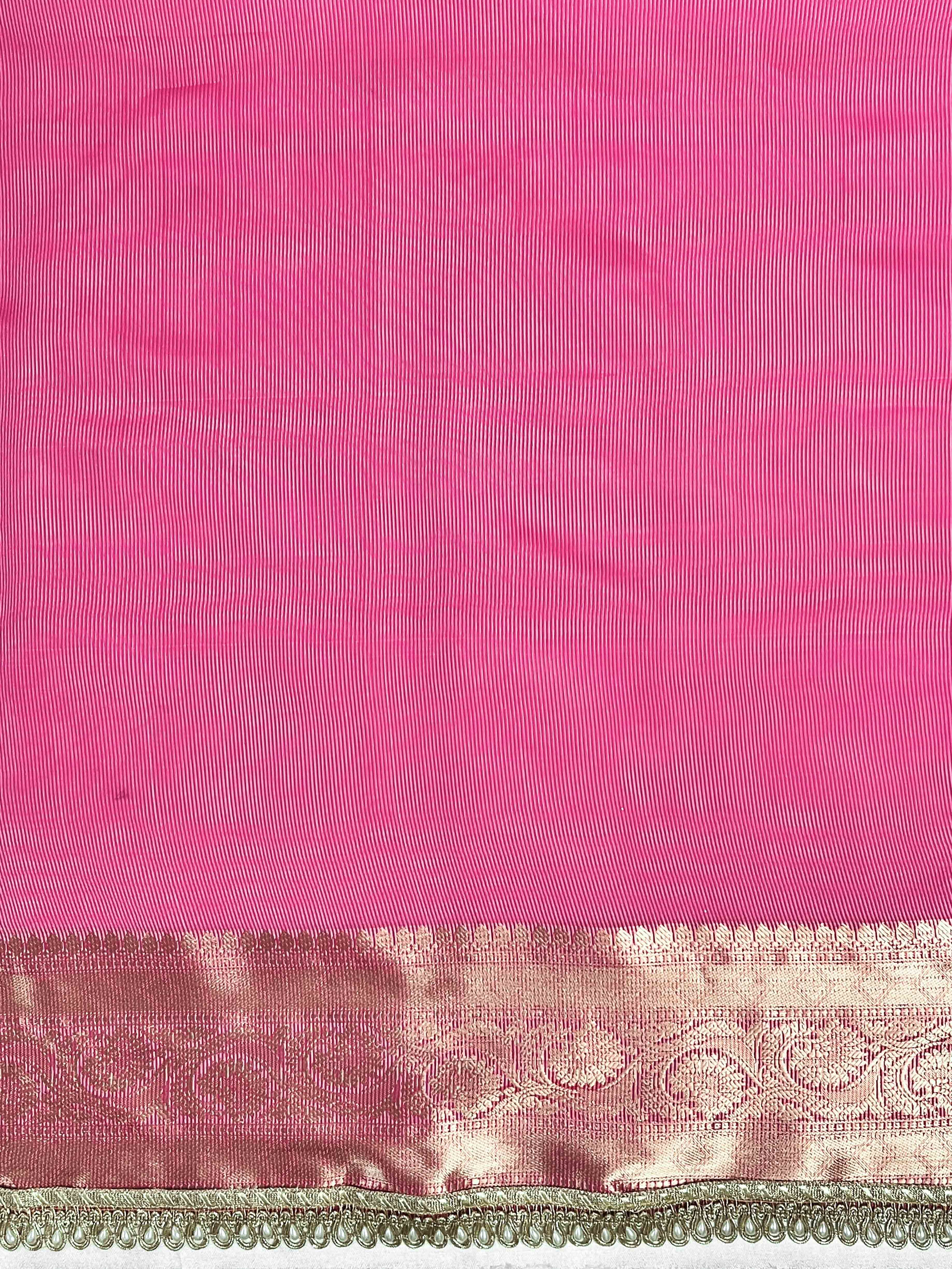 Banarasee Handloom Semi Silk Saree With Buti Design Zari Border & Lace-Fuchsia Pink
