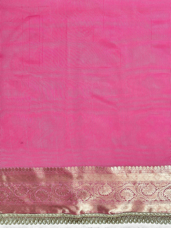 Banarasee Handloom Semi Silk Saree With Buti Design Zari Border & Lace-Fuchsia Pink