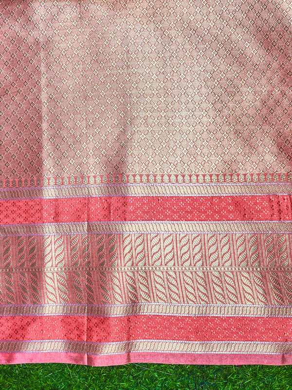 Banarasee Handloom Semi Silk Saree With Zari Buti Design & Contrast Border-Burgundy & Peach