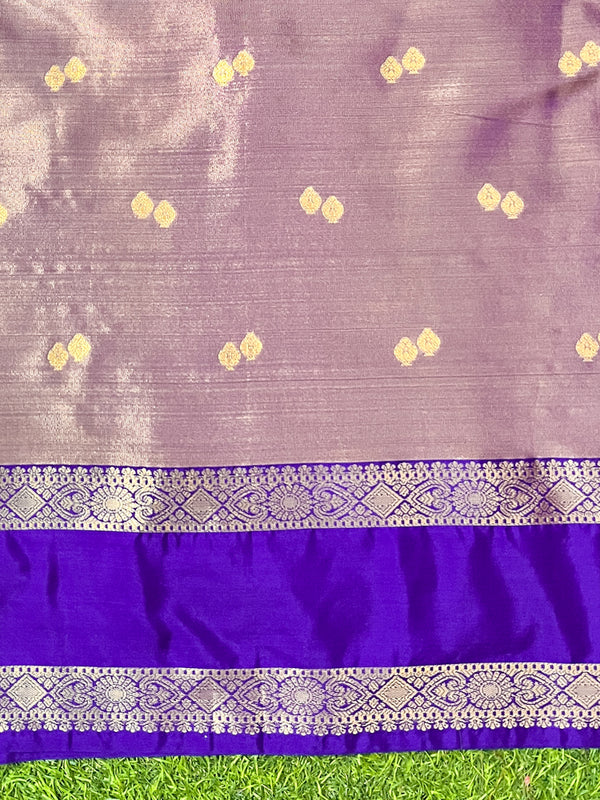 Banarasee Handloom Tissue Saree With Buti Design & Contrast Satin Border-Olive Green & Violet