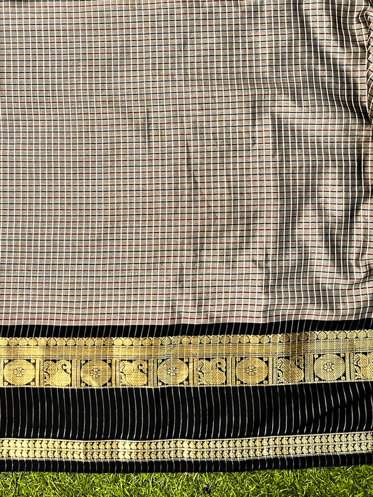 Banarasee Handloom Semi Silk Saree With Checks Design & Contrast Border-Grey & Black