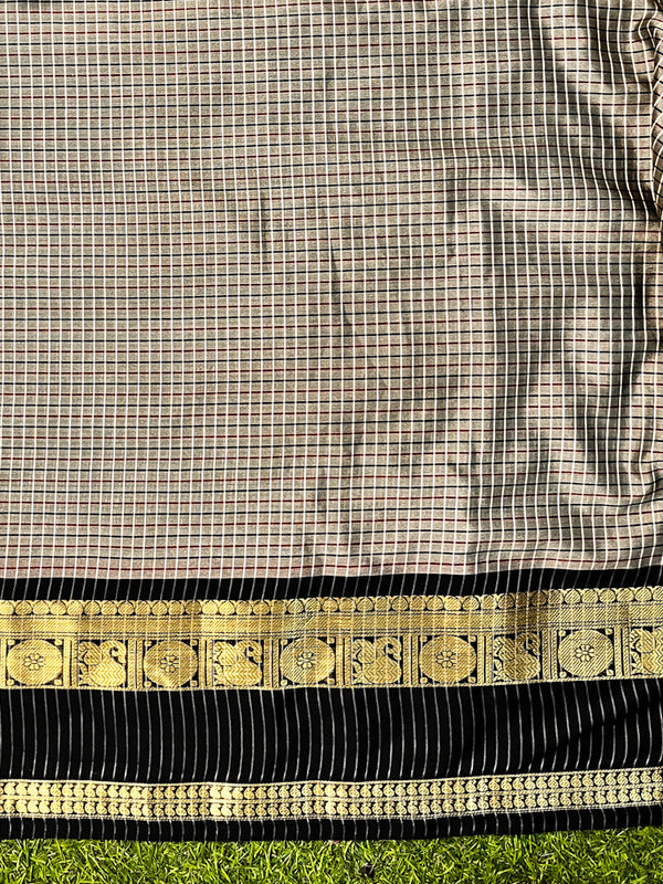 Banarasee Handloom Semi Silk Saree With Checks Design & Contrast Border-Grey & Black