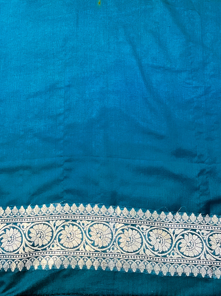 Banarasee Handloom Semi Silk Saree With Buta Design Zari Border & Lace-Teal Blue