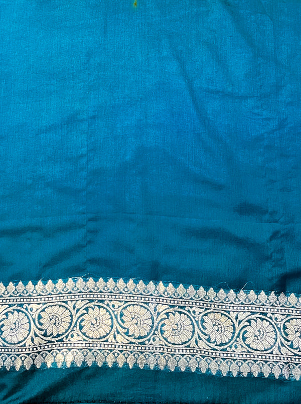 Banarasee Handloom Semi Silk Saree With Buta Design Zari Border & Lace-Teal Blue
