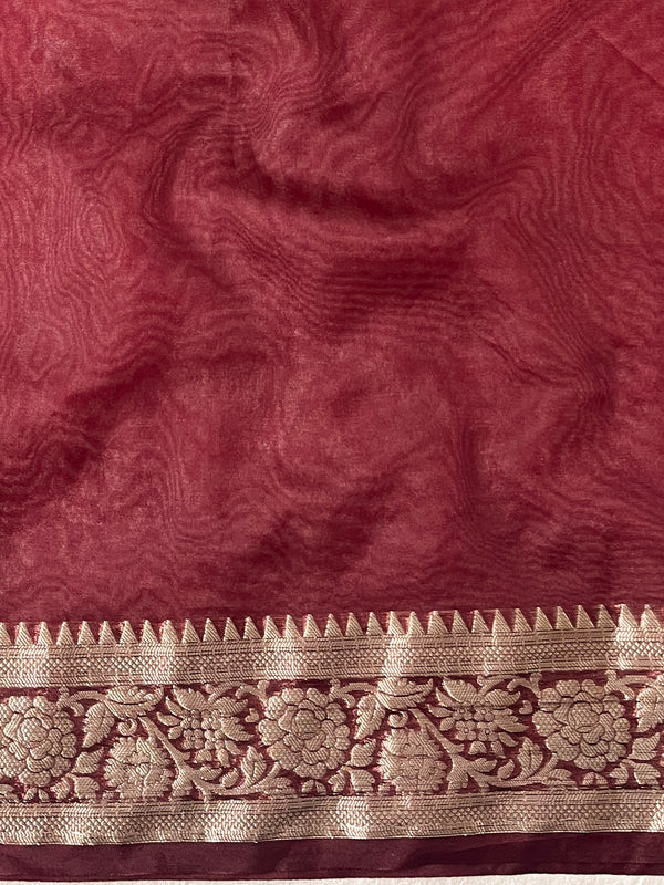 Banarasee Organza Floral Embroidery Sequin Work Saree-Maroon