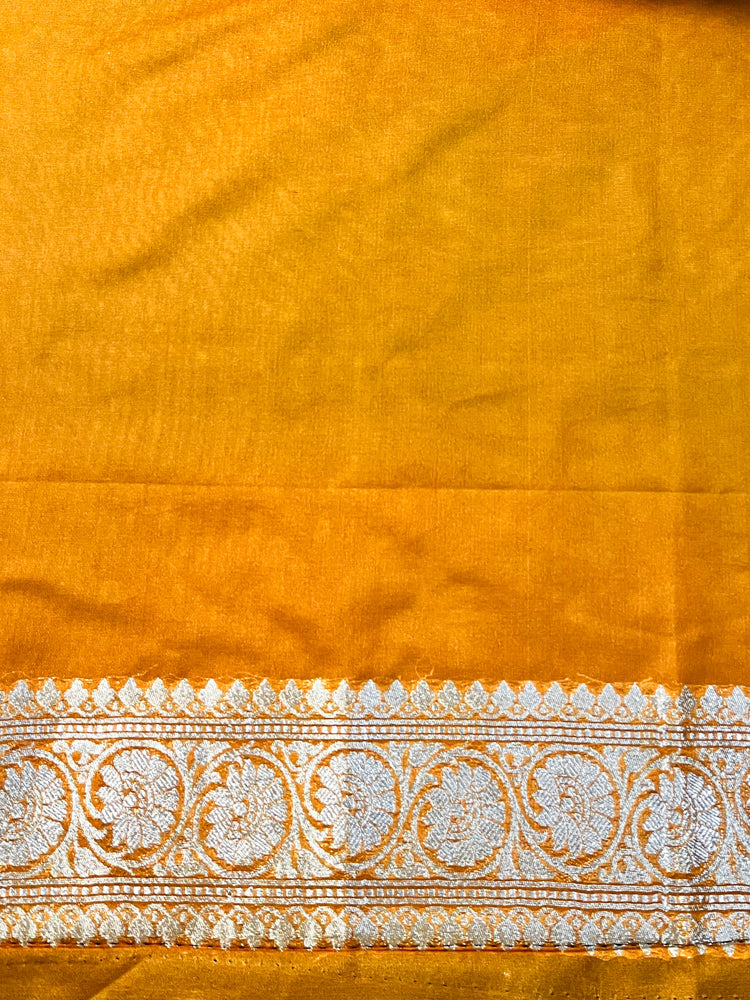 Banarasee Handloom Semi Silk Saree With Buta Design Zari Border & Lace-Mustard Yellow