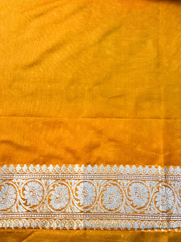 Banarasee Handloom Semi Silk Saree With Buta Design Zari Border & Lace-Mustard Yellow
