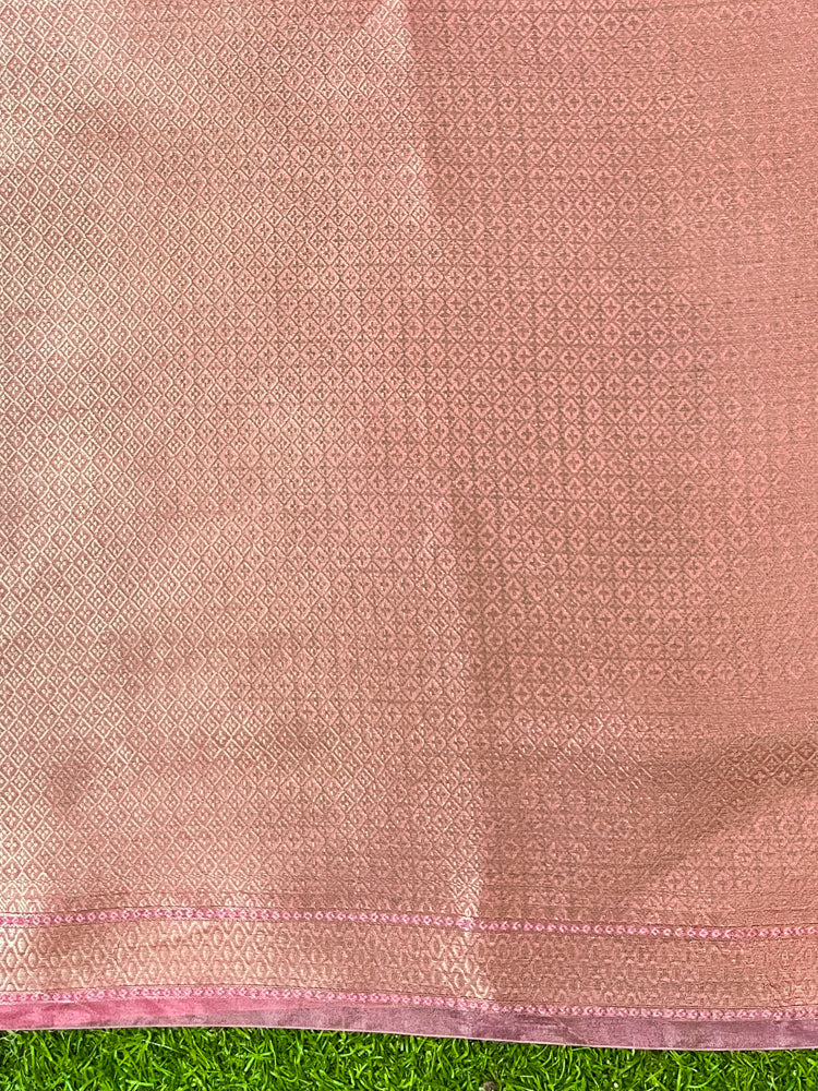 Banarasee Handloom Dupion Silk Saree With Zari Floral Buta Design & Border-Peachy Pink