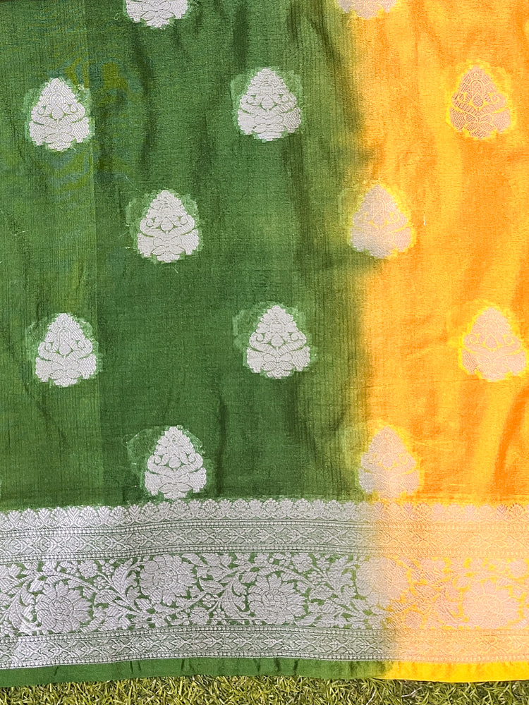 Banarasee Handwoven Semi-Chiffon Hand Dyed Saree With Zari Work-Multicolor
