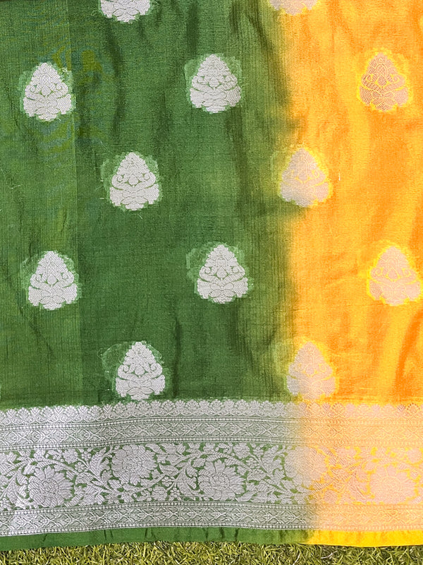 Banarasee Handwoven Semi-Chiffon Hand Dyed Saree With Zari Work-Multicolor