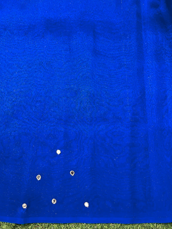 Banarasee Handwoven Tissue Saree With Floral Motifs & Mirror Work-Blue