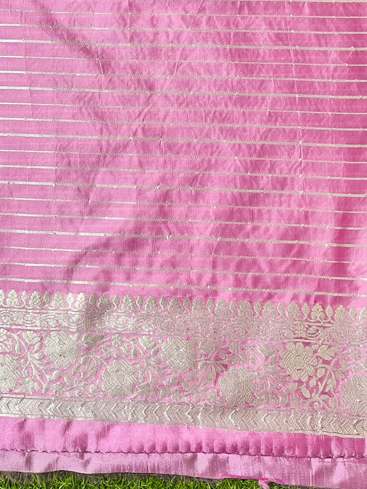 Banarasee Handloom Soft Silk Saree With Zari Buta Work & Contrast Border-Pink