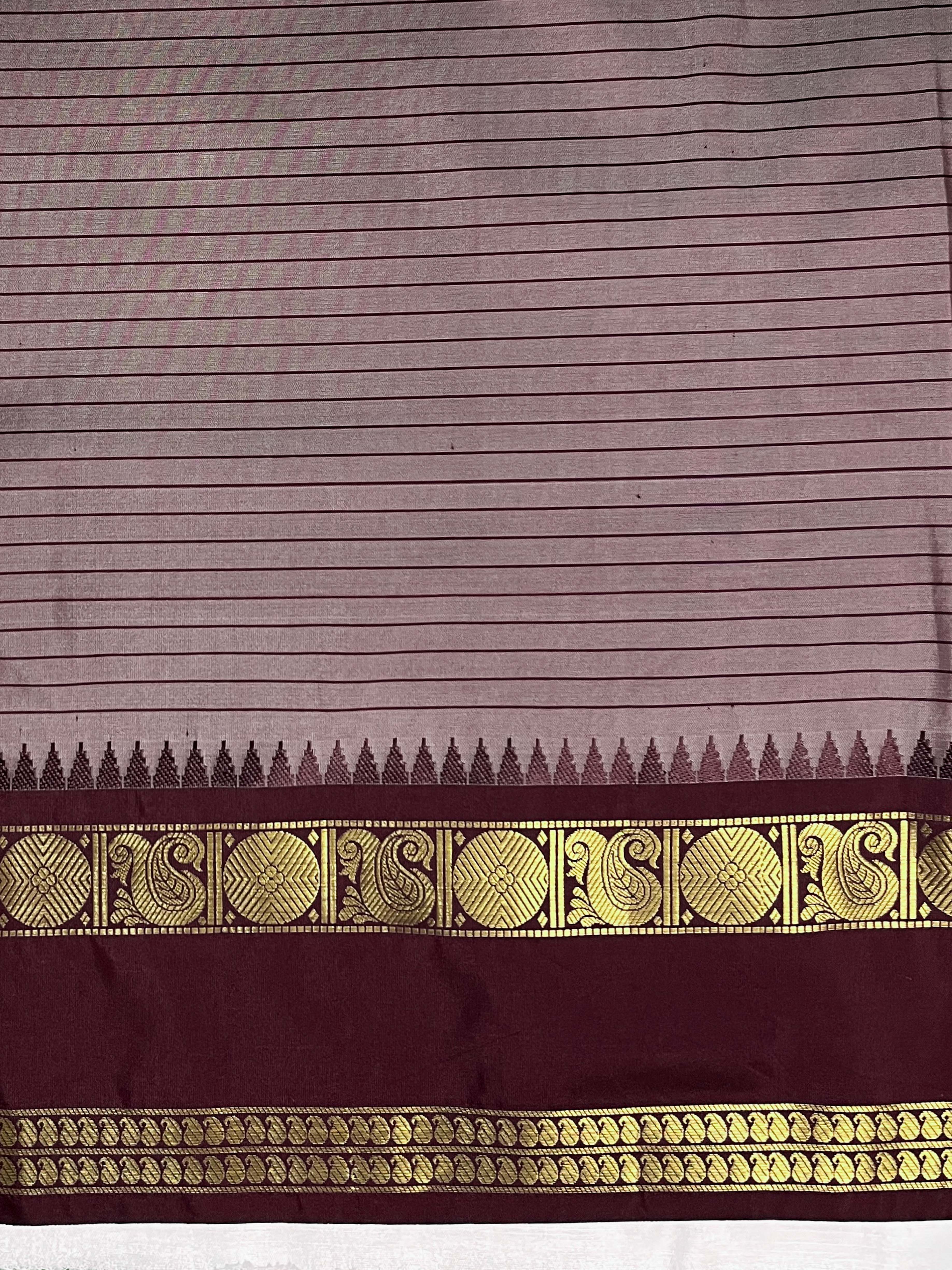 Banarasee Handloom Semi Silk Saree With Checks Design & Contrast Border-Grey & Burgundy