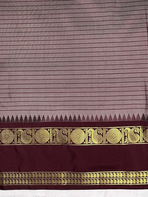 Banarasee Handloom Semi Silk Saree With Checks Design & Contrast Border-Grey & Burgundy