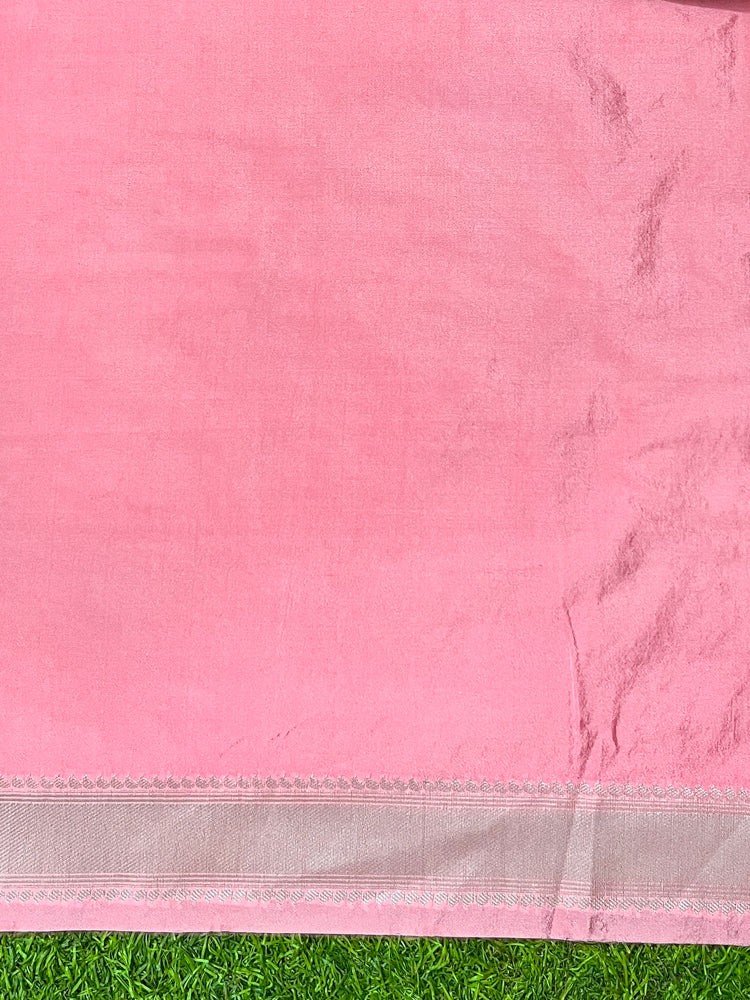 Banarasee Handloom Soft Silk Saree With Zari Buta Work & Border-Peachy Pink