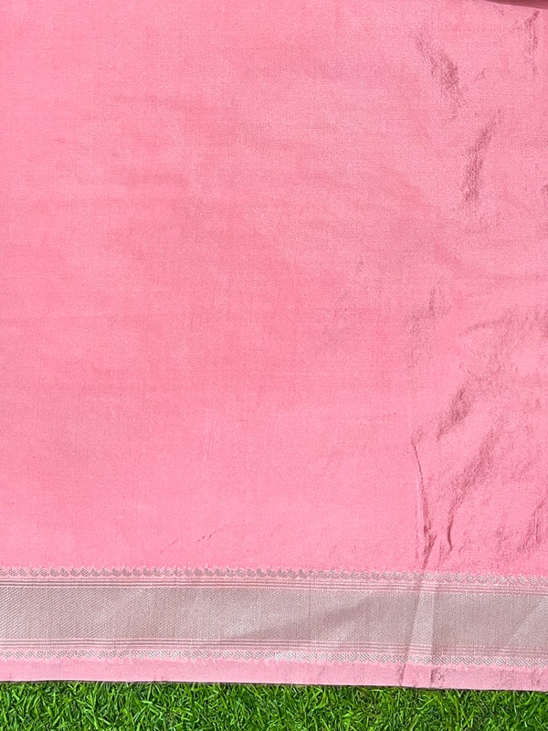 Banarasee Handloom Soft Silk Saree With Zari Buta Work & Border-Peachy Pink