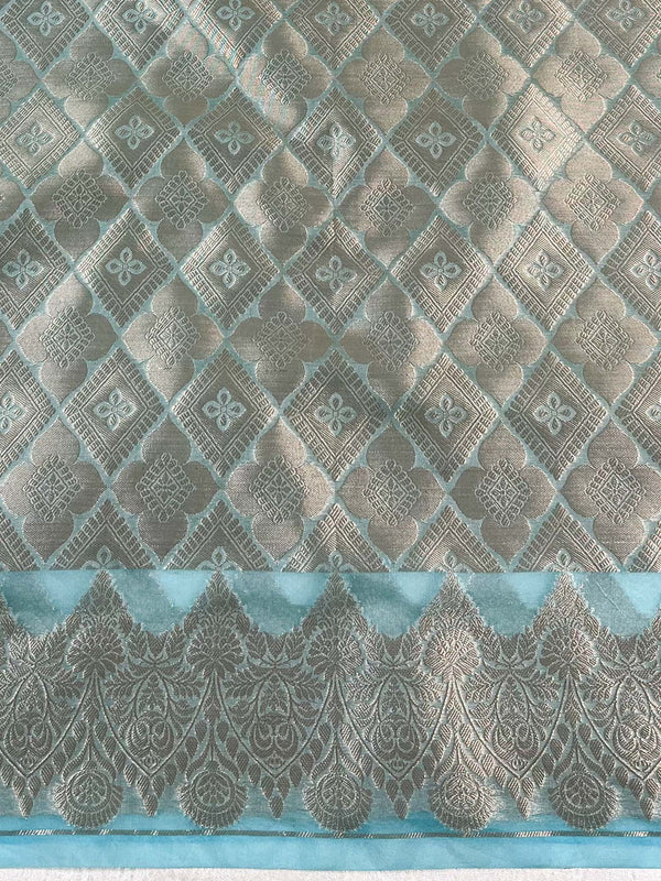 Banarasee Organza Mix Saree With Zari Buta & Scallop Border Design-Blue
