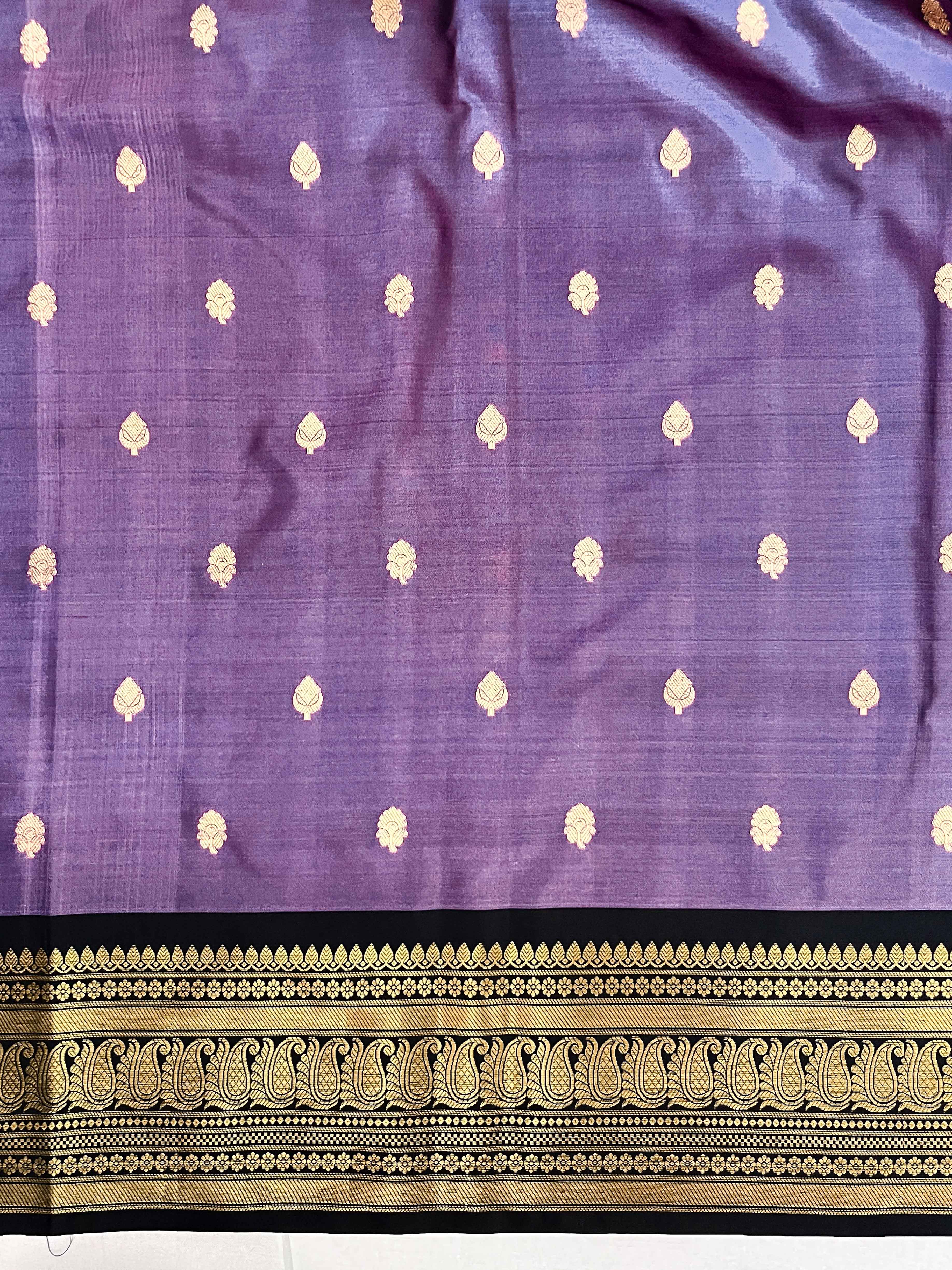 Banarasee Handloom Semi Silk Saree With Buti Design & Contrast Zari Border-Lavender & Black