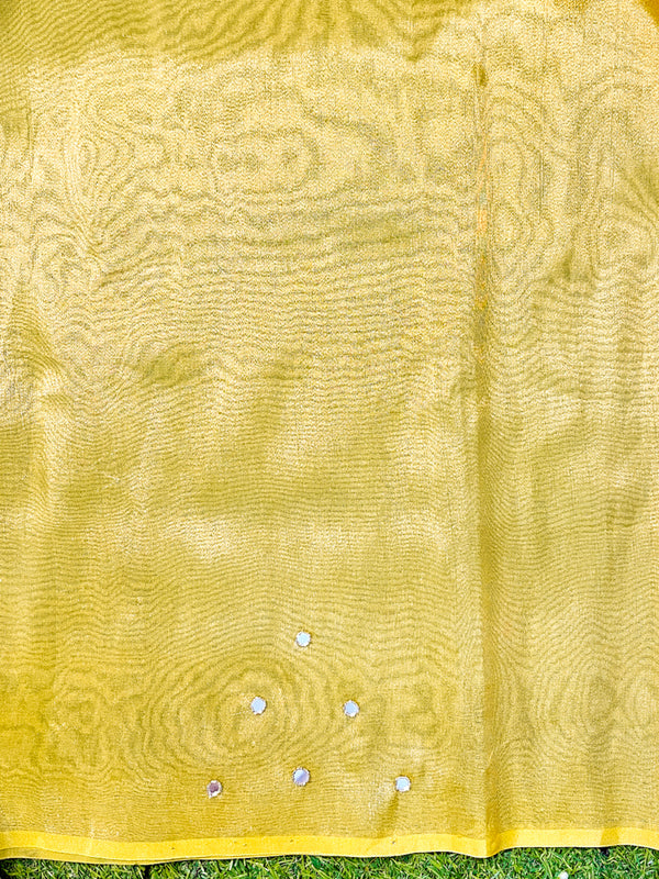 Banarasee Handwoven Tissue Saree With Floral Motifs & Mirror Work-Yellow