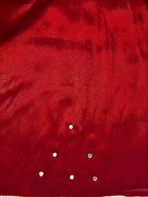 Banarasee Handwoven Tissue Saree With Floral Motifs & Mirror Work-Deep Red