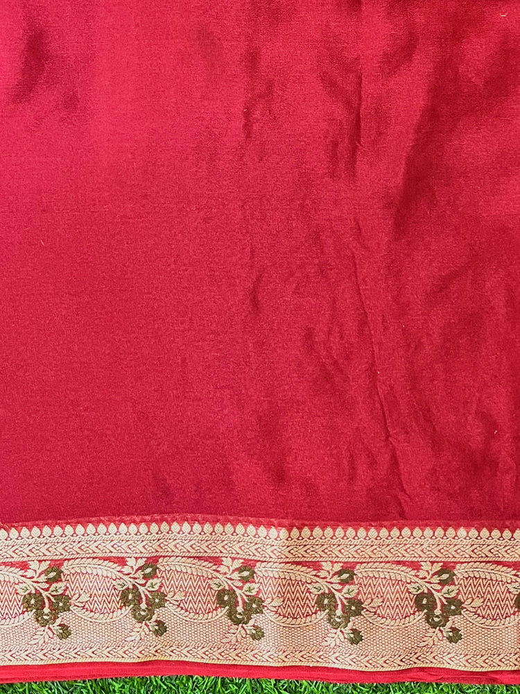 Banarasee Handloom Pure Chiffon Saree With Resham Work-Cherry Red