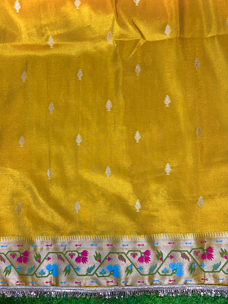 Banarasee Handloom Dual Tone Shimmer Silk Saree With Buti Design & Lace Border-Yellow