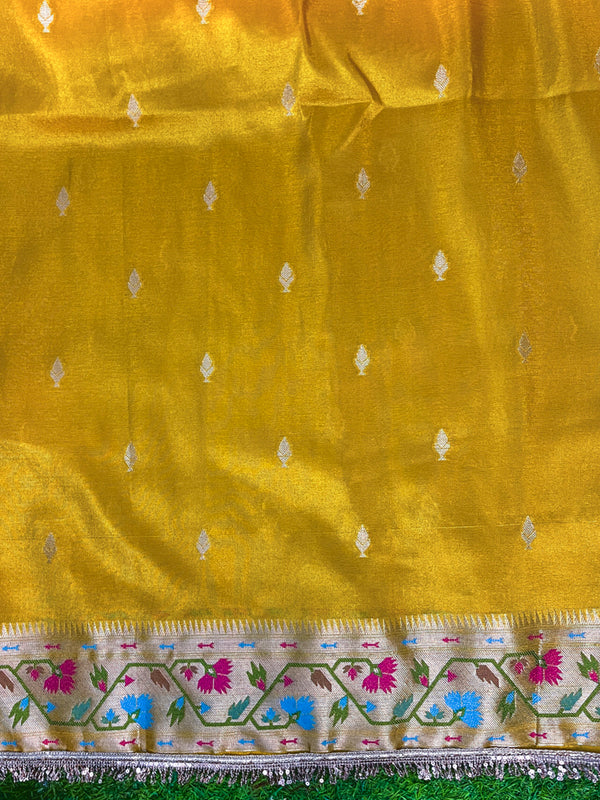 Banarasee Handloom Dual Tone Shimmer Silk Saree With Buti Design & Lace Border-Yellow