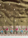 Banarasee Handloom Dual Tone Shimmer Silk Saree With Buti Design & Lace Border-Olive Green