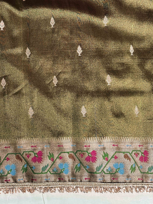 Banarasee Handloom Dual Tone Shimmer Silk Saree With Buti Design & Lace Border-Olive Green