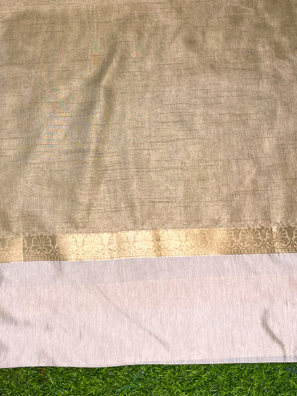 Banarasee Handloom Cotton Silk Saree With Buti Design & Contrast Border-Beige & White