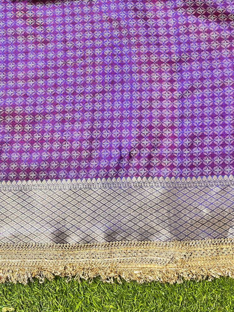 Banarasee Handloom Plain Tissue Saree With Resham Woven Pallu & Lace Border-Blue