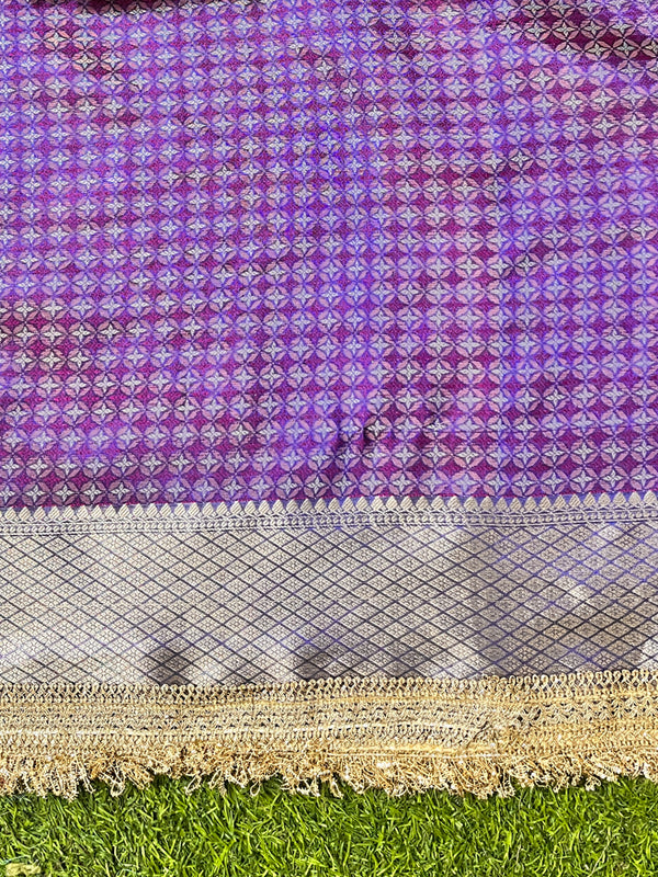 Banarasee Handloom Plain Tissue Saree With Resham Woven Pallu & Lace Border-Blue