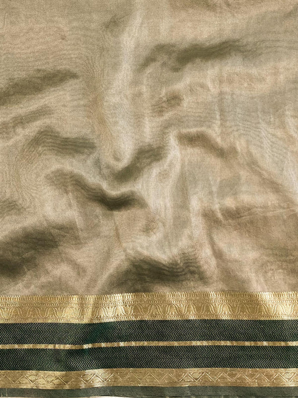 Banarasee Handwoven Plain Tissue Saree With Zari Border-Green