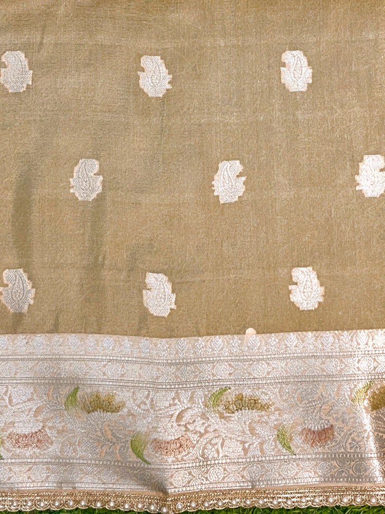 Banarasee Semi Chiffon Saree With Meena Work Silver Zari Border & Lace-Light Beige